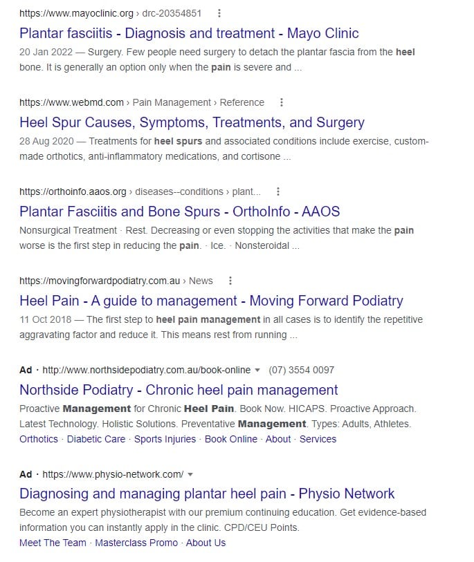 Google search results on managing heel pain